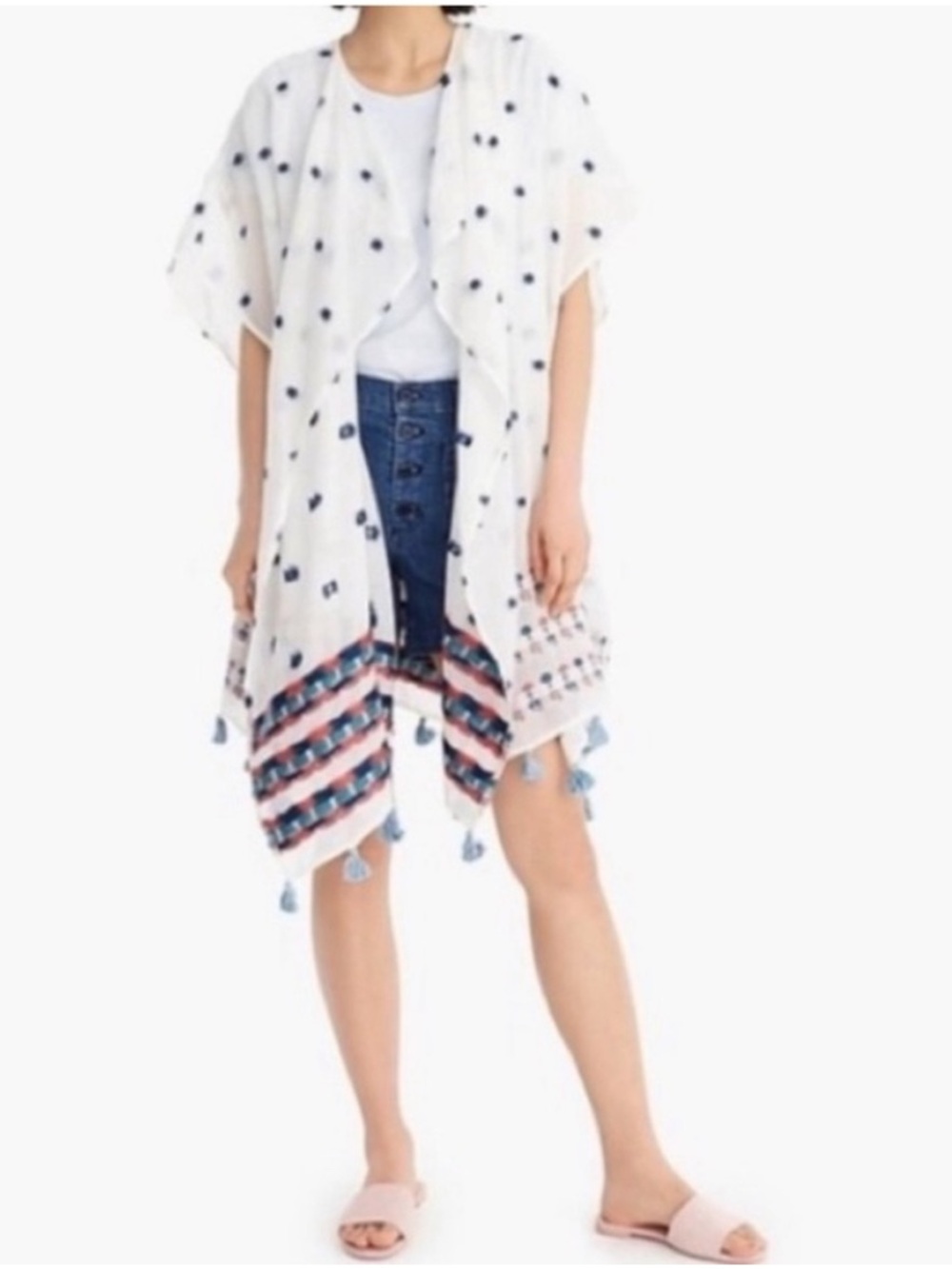 J Crew Boho Embroidered Kimono or Beach Coverup with Tassels One Size